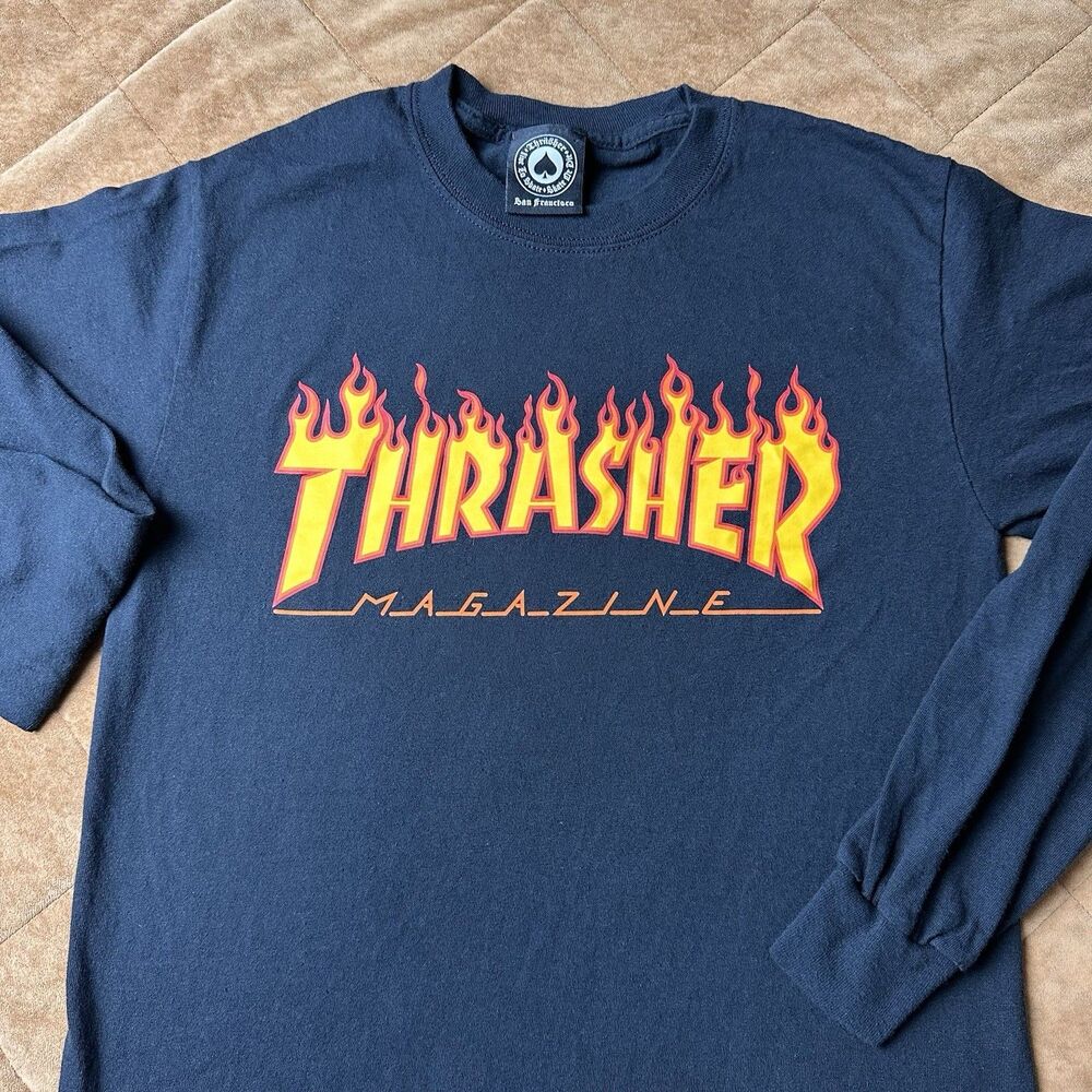 Thrasher Flame Shirt Mens Small Black Long Sleeve Skate T-Shirt